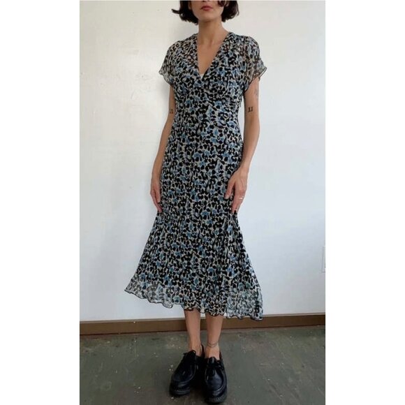 Anna Sui Silk Dress Floral Bias Cut Sheer w/Slip Womens 6P Blue Black Flutter - Picture 13 of 14